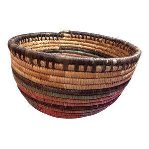 9" Hand woven Coil African Multicolor Basket Rustic Bohemian Decor Storage VTG